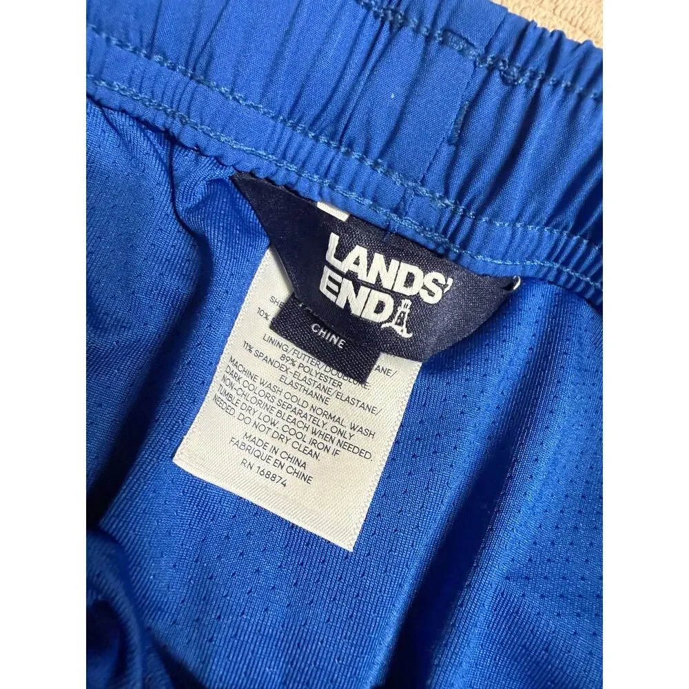 Lands End Boys Swim UPF 50+ Comfort Hydroliner SwimTrunks Neon Blue Sharks Large